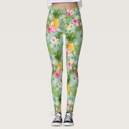 Tropical Flowers  Pineapples Leggings