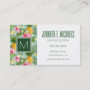 Tropical Flowers & Pineapples Monogram Business Card