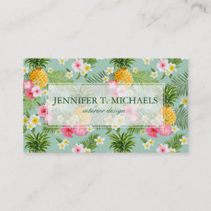 Tropical Flowers & Pineapples   Monogram Business Card