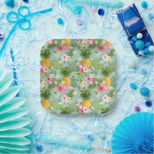 Tropical Flowers  Pineapples Paper Plates