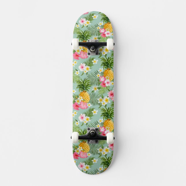 Tropical Flowers & Pineapples Skateboard Deck (Front)