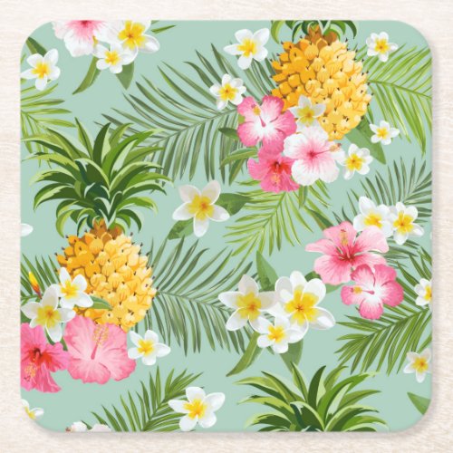 Tropical Flowers  Pineapples Square Paper Coaster