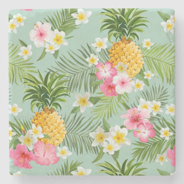 Tropical Flowers & Pineapples Stone Coaster (Front)