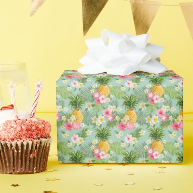 Tropical Flowers & Pineapples Wrapping Paper (Birthday Party)