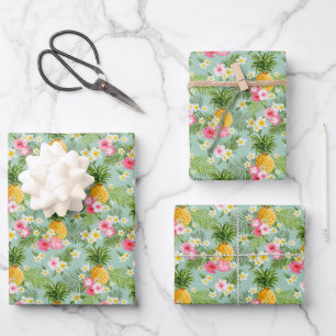 Tropical Flowers & Pineapples Wrapping Paper Sheets