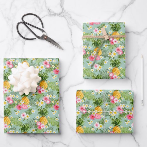 Tropical Flowers  Pineapples Wrapping Paper Sheets