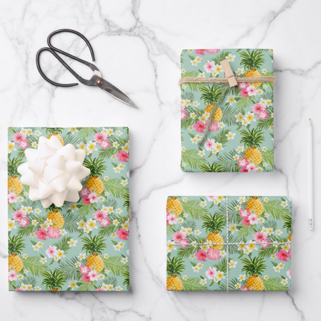 Tropical Flowers & Pineapples Wrapping Paper Sheets (Front)