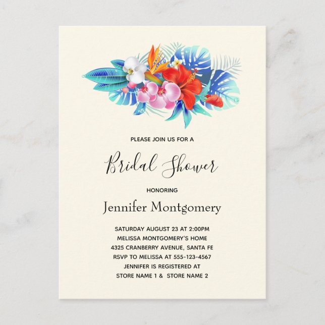 Tropical Flowers - Pink & Aqua Bridal Shower Invitation Postcard (Front)