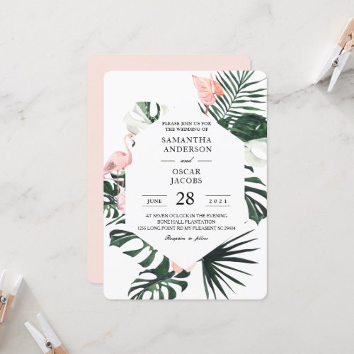 Tropical Flowers  Pink Flamingo Beauty Invitation