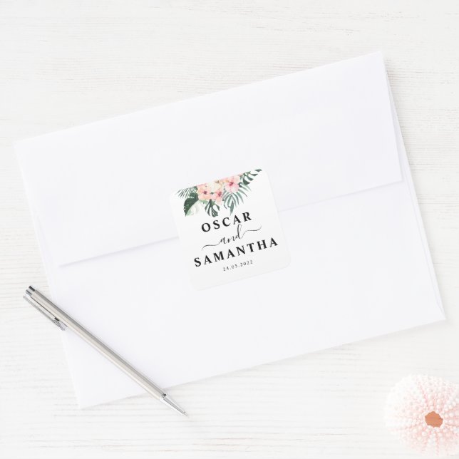 Tropical Flowers & Pink Flamingo Beauty Square Sticker (Envelope)
