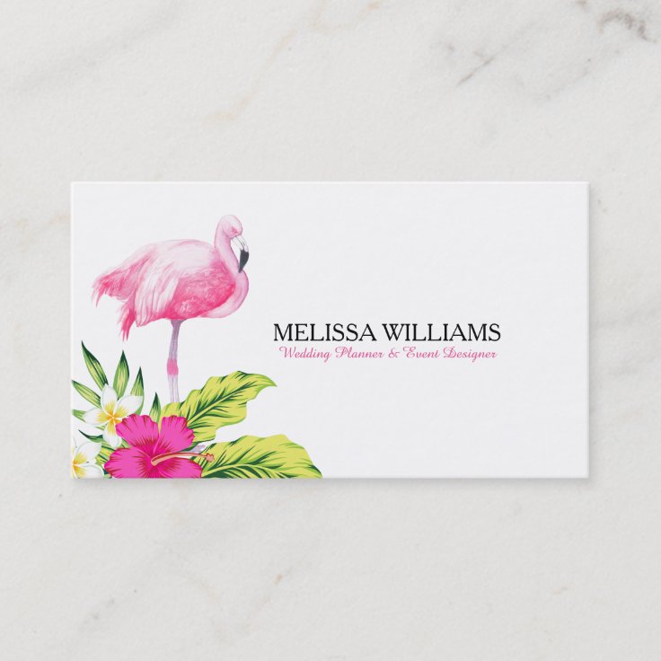 Tropical Flowers & Pink Flamingo Business Card | Zazzle