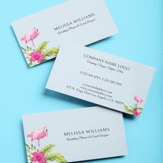Tropical Flowers & Pink Flamingo On Blue Business Business Card (Creator Uploaded)