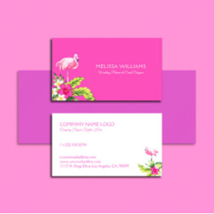 Tropical Flowers & Pink Flamingo Pink and White Business Card