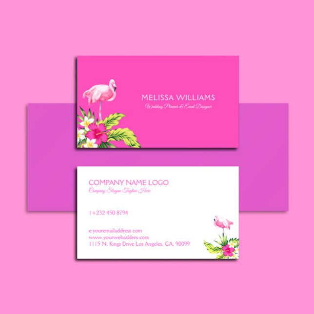 Tropical Flowers & Pink Flamingo Pink and White Business Card (Creator Uploaded)