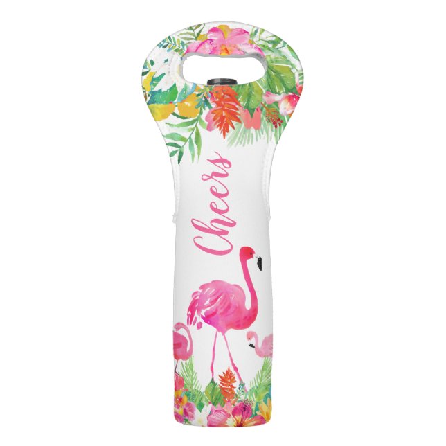 Tropical Flowers & Pink Flamingos Family Wine Bag (Front)