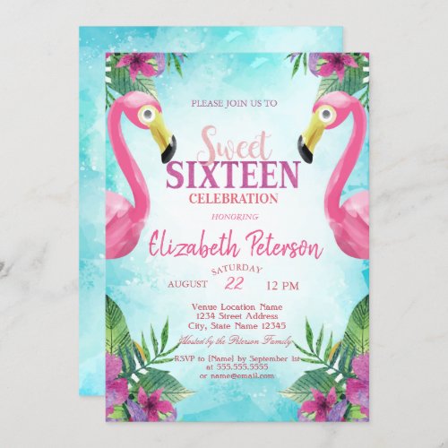 Tropical Flowers Pink Flamingos Sweet 16 Party Invitation