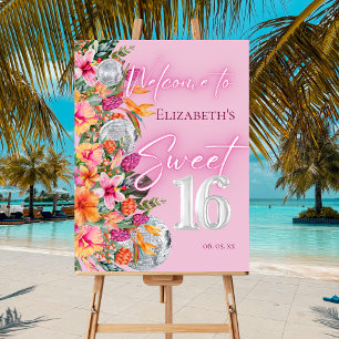 Tropical Flowers Pink Neon Glow Sweet 16 Welcome Foam Board