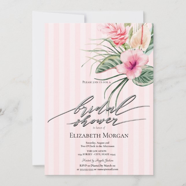 Tropical Flowers Pink Stripes Bridal Shower Invitation (Front)