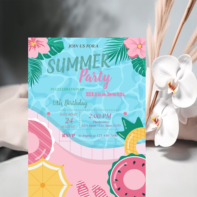 Tropical Flowers Pool Birthday Party Invitation (Creator Uploaded)
