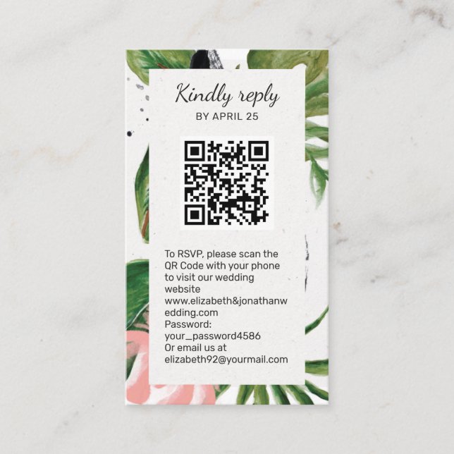 Tropical flowers QR Code online RSVP Enclosure  (Front)
