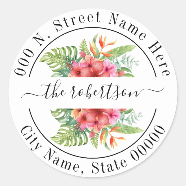 Tropical flowers return address classic round sticker (Front)