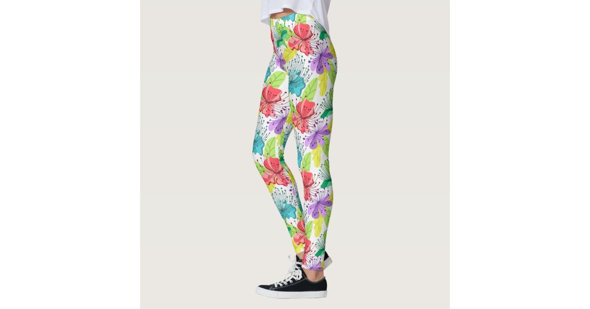 Colorful Tropical Flowers Seamless Pattern Leggings