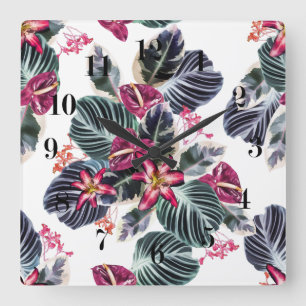 Tropical flowers square wall clock