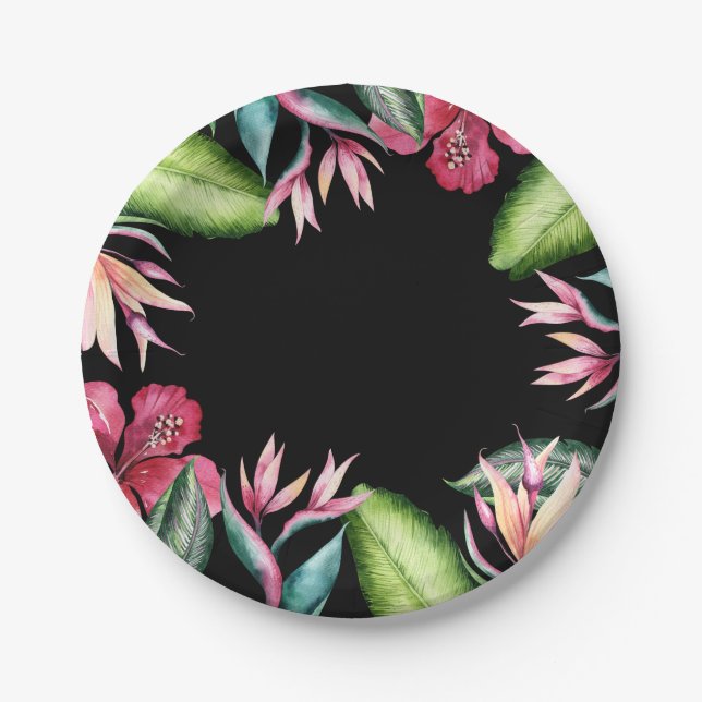 Tropical Flowers Summer Island Floral Leaves Paper Plates (Front)