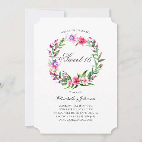 Tropical flowers sweet 16 Watercolor pink floral Invitation