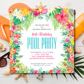 Tropical Flowers Swimming Pool Party Birthday Invitation