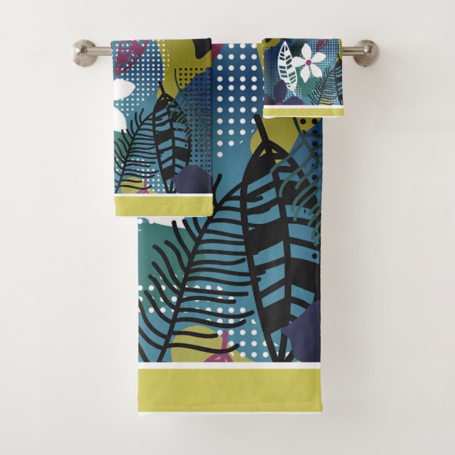 Tropical Flowers Teal, Gold, Burgandy, Black Bath Towel Set (Insitu)