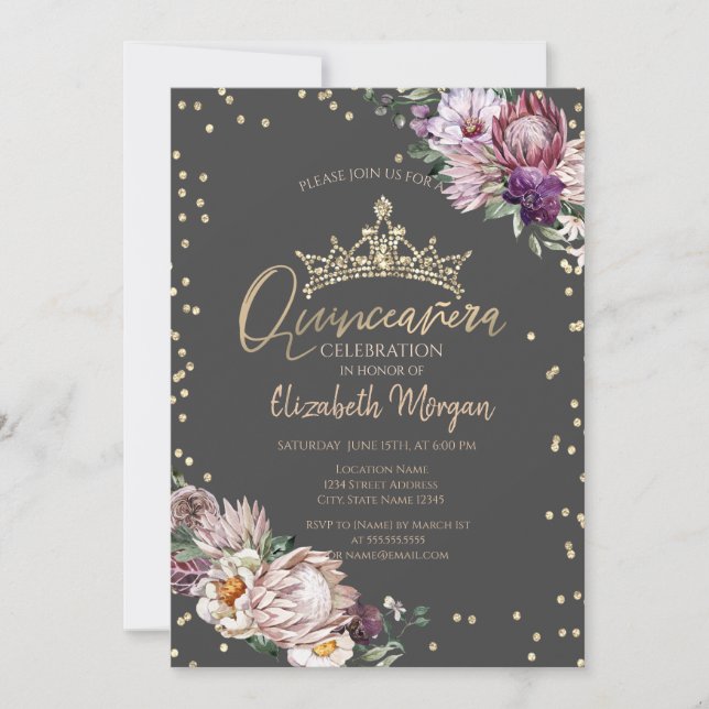 Tropical Flowers Tiara Diamonds Gray Quinceañera Invitation (Front)