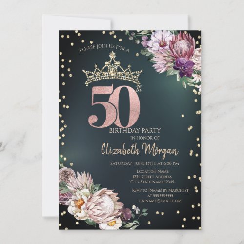 Tropical Flowers Tiara Diamonds Green 50th Invitation