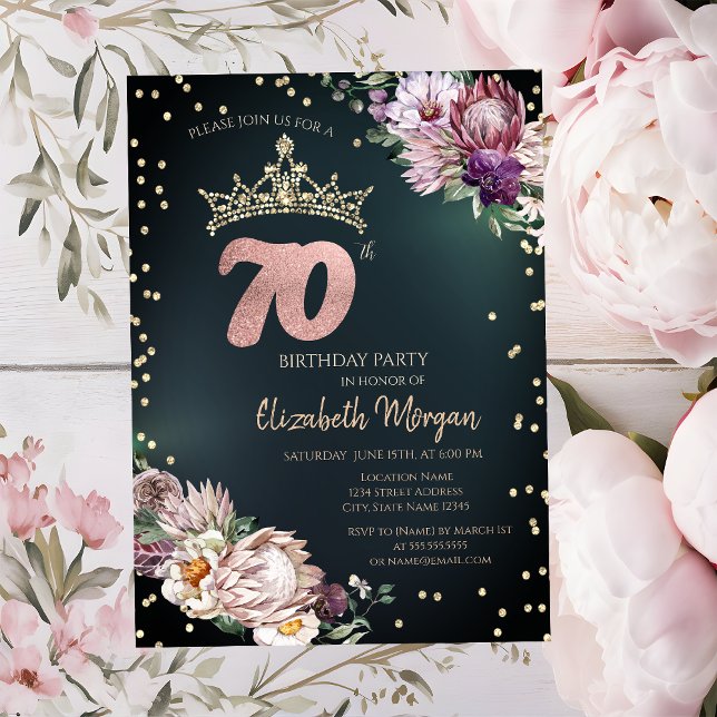 Tropical Flowers Tiara Diamonds Green 70th Invitation (Creator Uploaded)