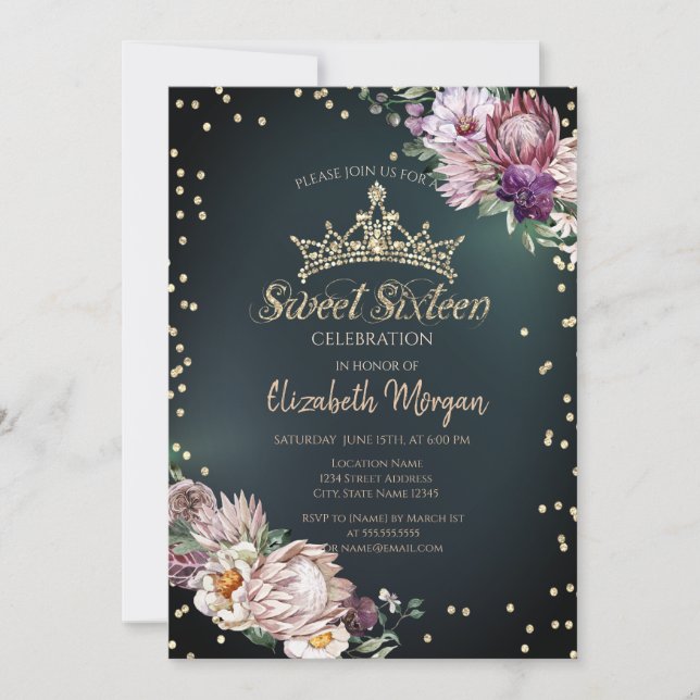 Tropical Flowers Tiara Diamonds Green Sweet 16 Invitation (Front)