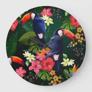 Tropical flowers, toucan: floral background. large clock