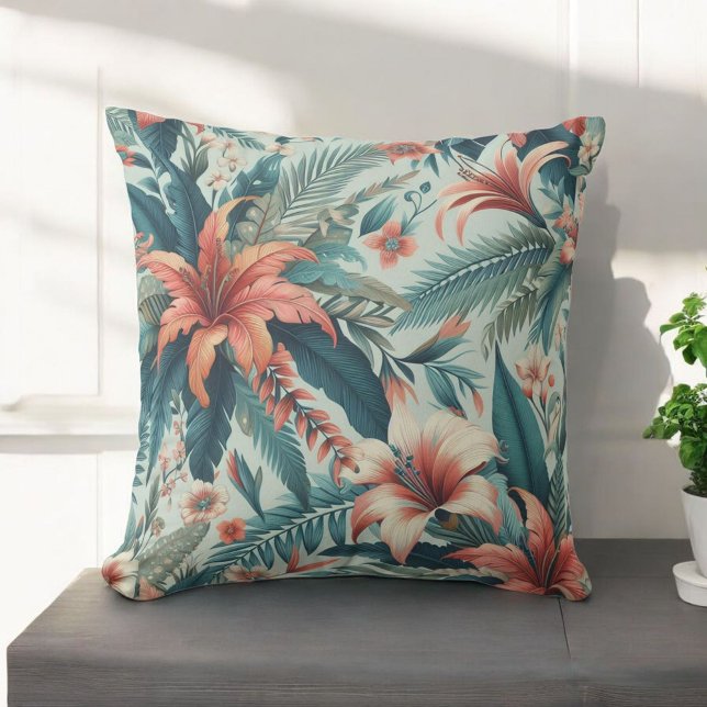 Tropical Flowers Vibrant Orchid & Botanical  Throw Pillow (Creator Uploaded)