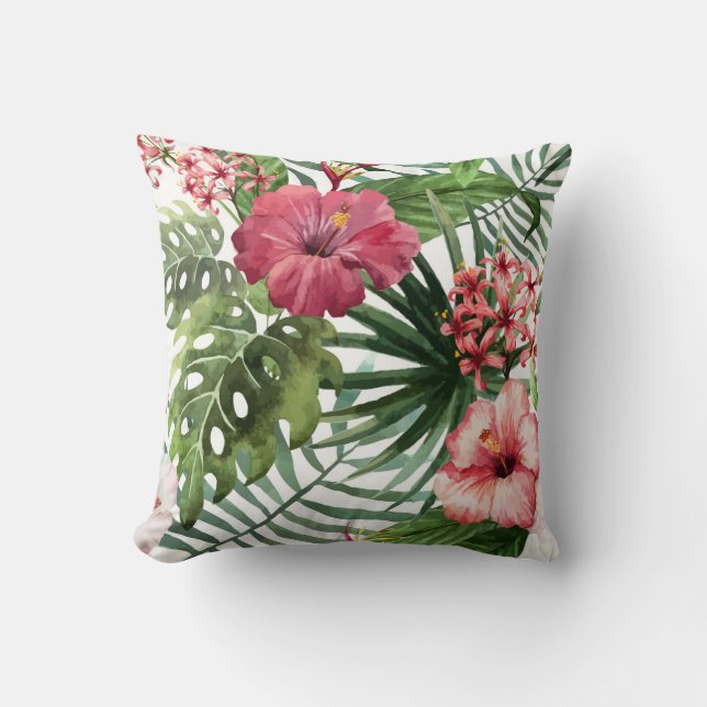Tropical Flowers Watercolor Modern Fine Floral Throw Pillow (Front)