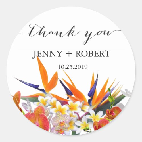 Tropical Flowers Wedding Favor Business Thank You Classic Round Sticker