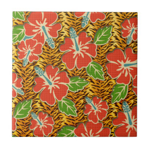 Tropical Flowers Wild Tiger Pattern Ceramic Tile