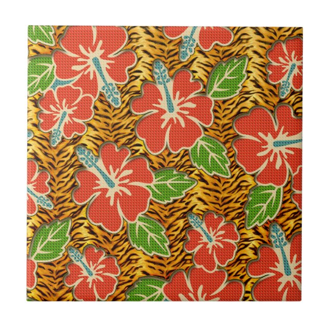 Tropical Flowers Wild Tiger Pattern Ceramic Tile (Front)