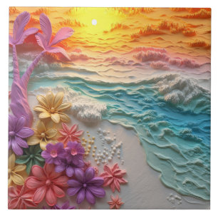 Tropical Flowers with Beach Sunset Ceramic Tile