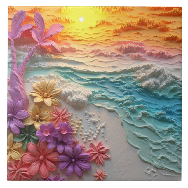 Tropical Flowers with Beach Sunset Ceramic Tile (Front)