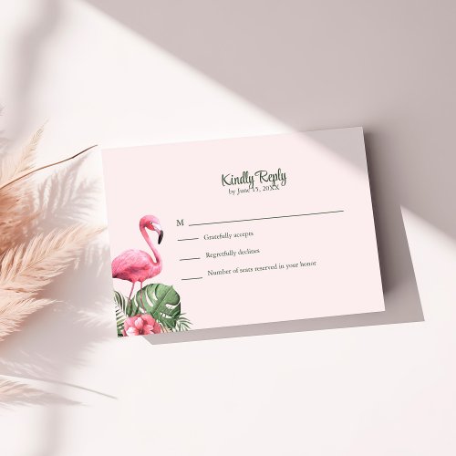 Tropical Flowers with Flamingo Wedding RSVP Card