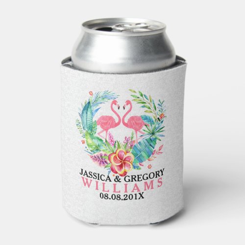 Tropical Flowers Wreath  Flamingos Can Cooler