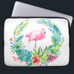 Tropical Flowers Wreath & Pink Flamingo Laptop Sleeve<br><div class="desc">Colorful watercolors illustration tropical flowers wreath and pink flamingo. White customizable background.</div>