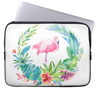 Tropical Flowers Wreath & Pink Flamingo Laptop Sleeve