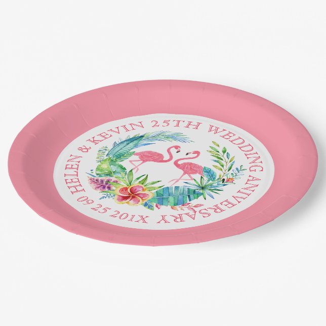 Tropical flowers wreath pink flamingos paper plates (Angled)