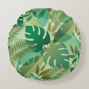 Tropical Foliage Airy Green Leaves Round Pillow