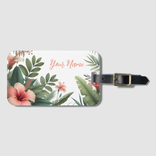 Tropical Foliage and Coral Hibiscus Flower Luggage Tag